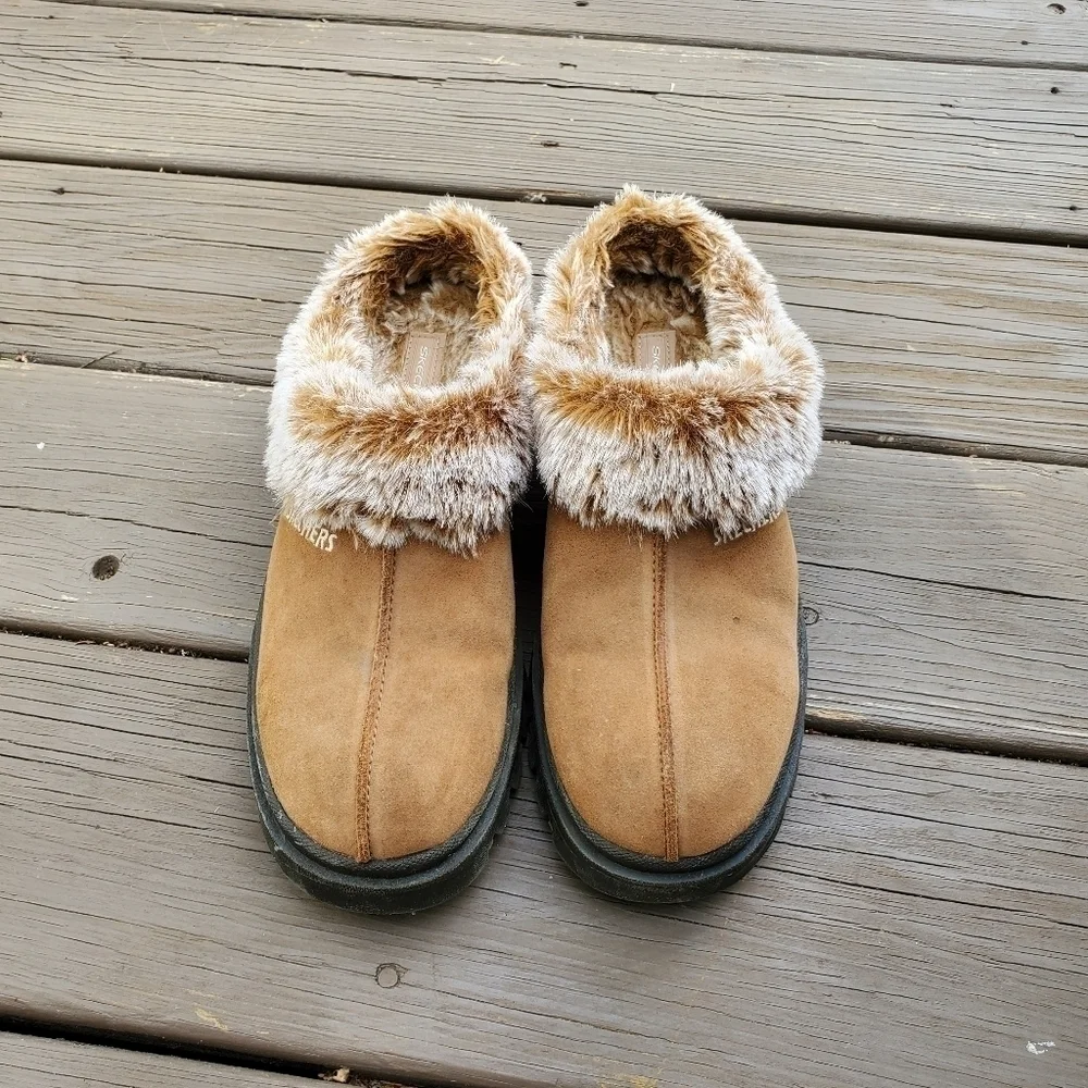 Vintage y2k Skechers Shindig Fortress Tan Suede Faux Fur Platform‎ Jammers Mules
